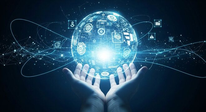 Global digital network sphere in hands, representing data and technology future