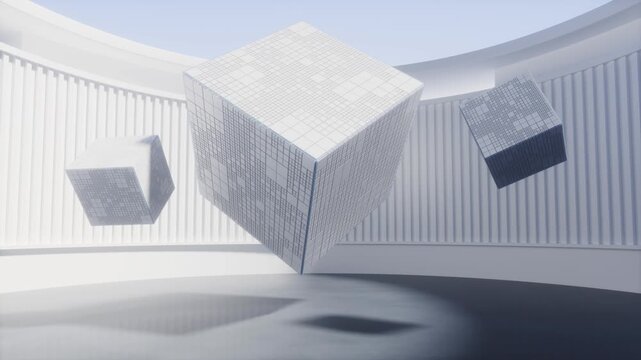 Abstract white room featuring rotating geometric cubes in futuristic minimalist hall.