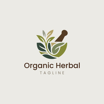 Organic herbal medicine mortar and pestle logo vector template