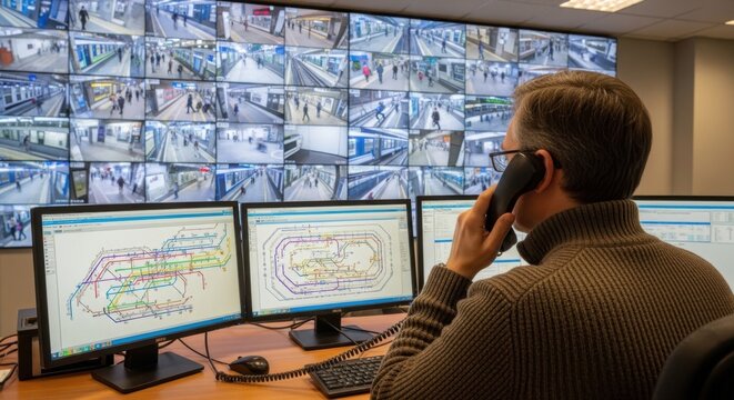Security operator monitoring multiple live camera feeds while talking on the phone in a control room