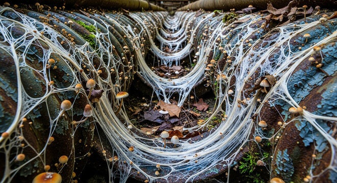 Mycelium network and mushrooms colonizing decaying, rusty, industrial pipes