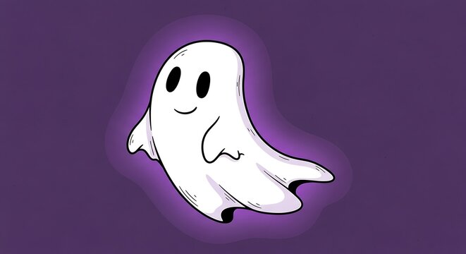 Smiling cartoon ghost character illustration.