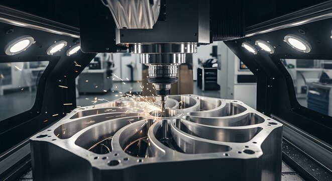 Cnc machine processing metal part with sparks flying