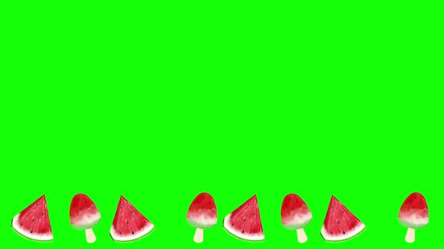 Animated watermelon popsicles and fruit slices moving in a rhythmic pattern across the screen for summer themed video projects