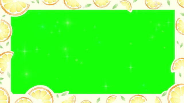 Animated citrus fruit frame featuring watercolor lemon slices with floating sparkles on a dynamic green screen background for video
