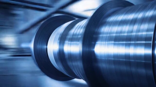 Rolled metal ribbons rapidly forming a stack on a large shaft, highlighting precision engineering and efficient manufacturing processes within a modern production facility