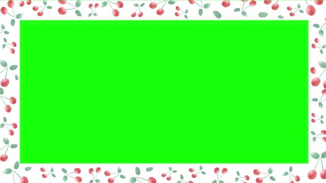 Watercolor cherry border pattern frames the green screen area in this seamless looping animation for creative video content projects