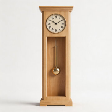 This is a minimalist wooden floor-standing grandfather clock with a roman numeral dial and brass pendulum, displayed against a plain white background.