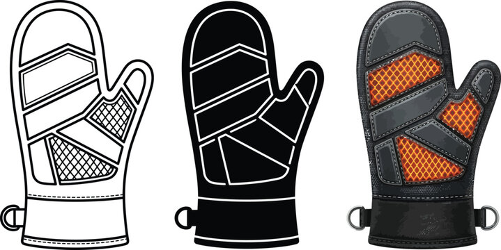 Set of winter mittens or ski gloves featuring outline silhouette and detailed colored vector styles perfect for cold weather apparel and out
