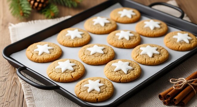 Freshly baked star shaped cookies on a baking sheet holiday treats