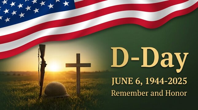 D day remembrance with american flag, helmet, cross, and rifle on a grassy field at sunset