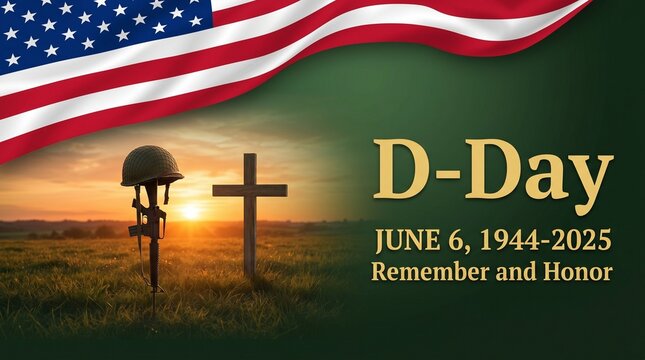 D day remembrance with american flag, helmet, cross, and rifle on a grassy field at sunset