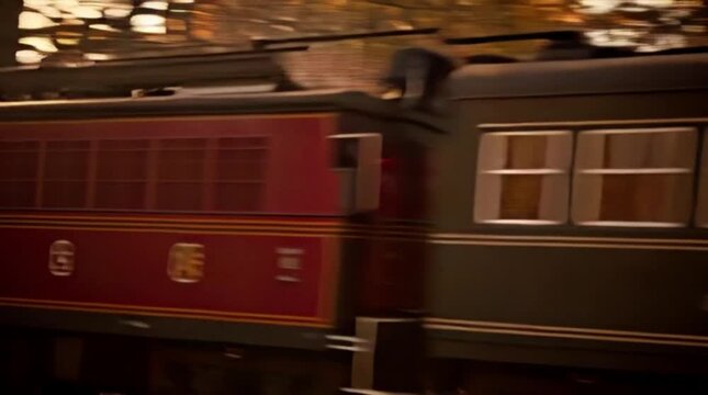 A train or carriage moving through an autumn forest with colorful leaves, capturing the essence of the season.