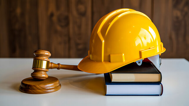Judge gavel and yellow safety helmet on books labor law concept