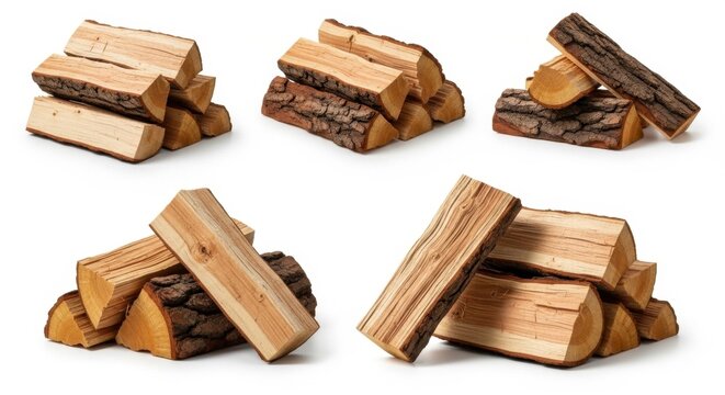 Various stacks of cut logs and firewood presented in a clean studio setting