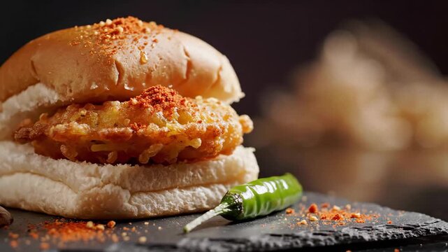 Spicy mumbai vada pav served on a dark slate with green chili, warm cinematic food photography.