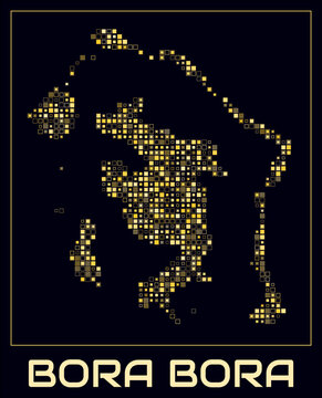 Bora Bora digital style map. Small square dots on dark background. Dotted shape of the island. Vector map and title. Vibrant vector illustration.