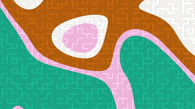 Abstract pattern with flowing organic shapes in brown, pink, and teal on a subtly textured white background, creating a modern graphic design.