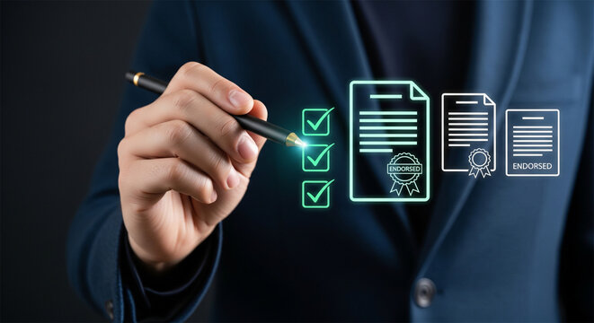 Digital compliance checklist with glowing icons, businessman ticking virtual boxes, quality assurance and standard certification concept