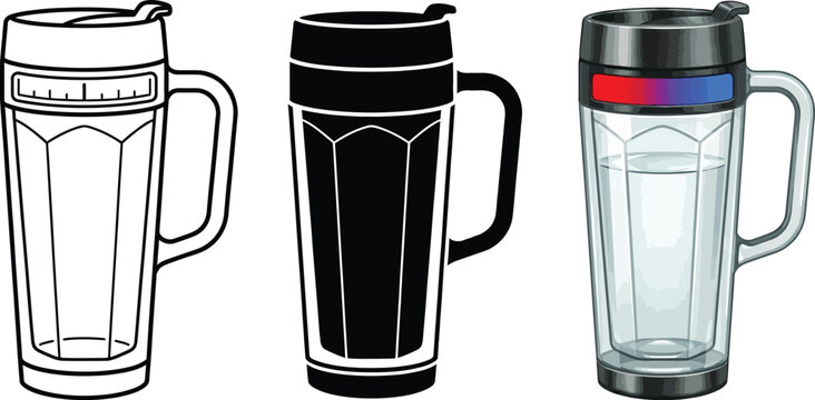Collection of insulated travel mug vector illustrations showcasing outline silhouette and realistic designs with a temperature indicator ide