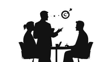 Fototapeta premium Colleagues sit at a desk while discussing intellectual property rights represented by a copyright icon.