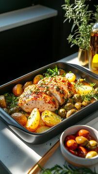Roasted poultry breast sliced and plated with halved potato, olive, and caper in a rustic Mediterranean execution