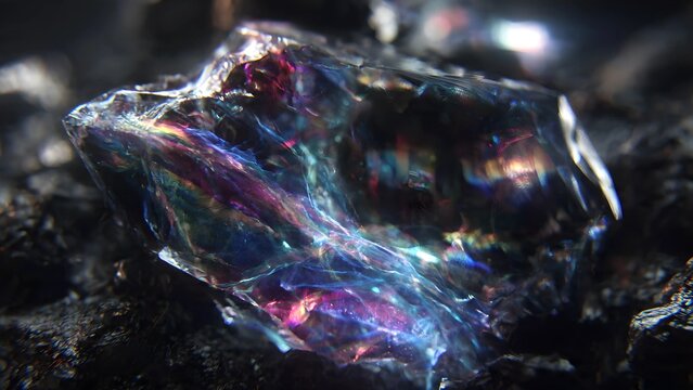 Macro close-up of a raw obsidian crystal shard, swirling iridescent nebula gases trapped inside the glass, holographic cosmic reflections, deep black volcanic texture