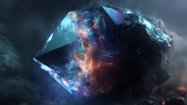 Macro close-up of a raw obsidian crystal shard, swirling iridescent nebula gases trapped inside the glass, holographic cosmic reflections, deep black volcanic texture