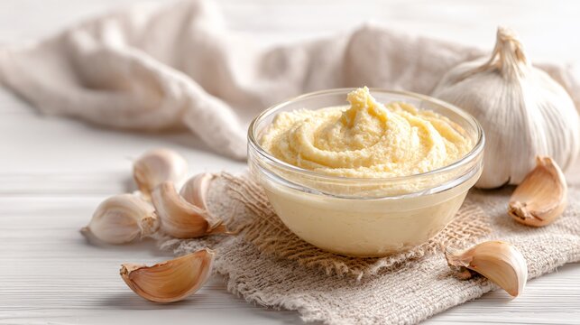 A clean commercial shot of roasted garlic butter in a glass bowl isolated on a white background with copy space