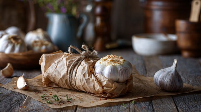 A cozy kitchen scene with roasted garlic butter wrapped in parchment paper and tied with string on a wooden table
