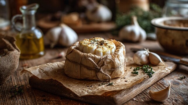 A cozy kitchen scene with roasted garlic butter wrapped in parchment paper and tied with string on a wooden table