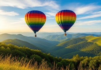 Obraz premium Two vibrant rainbow hot air balloons gracefully float above a vast expanse of green mountains under a bright sky