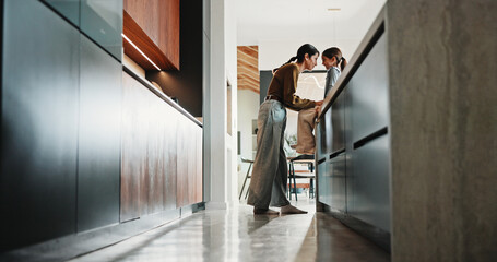 Love, mom or girl in kitchen with smile, childcare or bonding together on weekend break. Trust,...