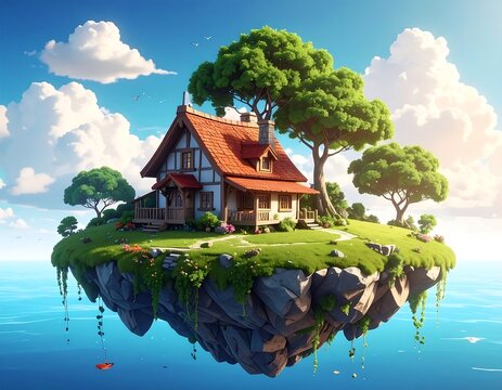 Whimsical Cottage Resting on Floating Island Above Calm Blue Sea