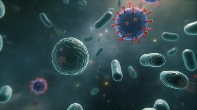 Microscopic View of Floating Pathogens and Viral Cells