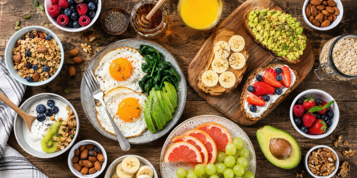 Healthy breakfast flat lay with varied fresh foods