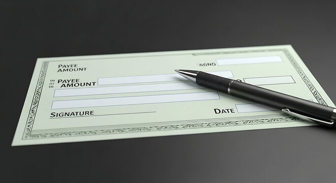 Blank check with black pen on top.