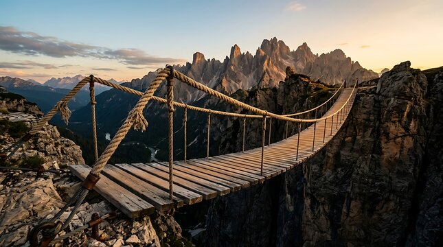 Suspension bridge on a mountain cliff at sunset