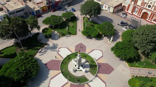 Cinematic Drone View of Monsef&uacute; Main Square and Historic Downtown in Lambayeque, Peru