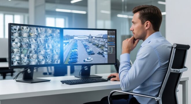 Security operator diligently monitors multiple surveillance camera feeds on dual computer screens in a modern office environment