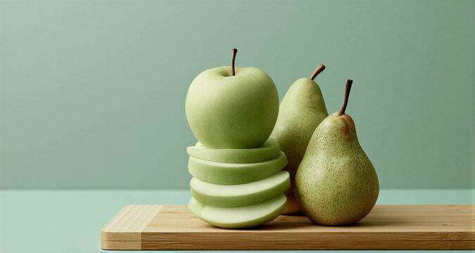Green apple and pear on wooden board. Sliced fruit stack as healthy snack concept. Minimalist food photography with copy space for culinary background and diet nutrition content.