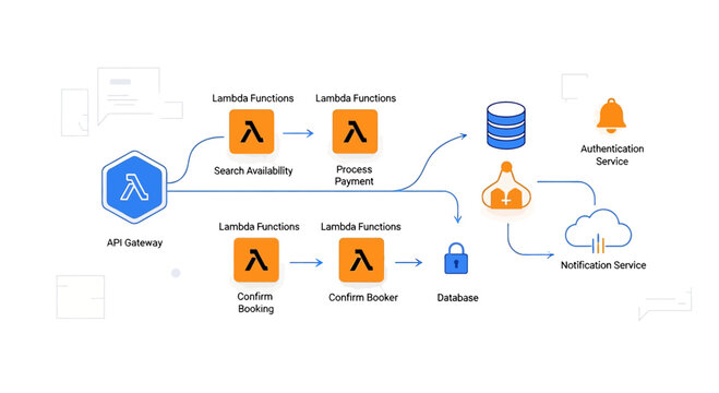 AWS Lambda Functions Diagram: API Gateway, Database, Notification & Auth Services