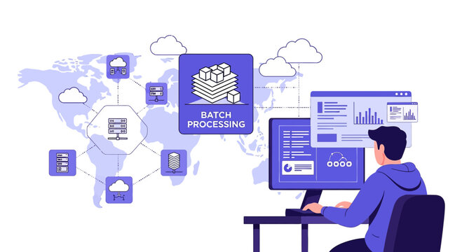 Batch Processing Concept: Coder at Computer, Cloud Data Systems, World Map
