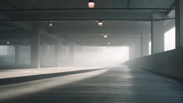 Empty multi level parking garage featuring geometric concrete architecture, creating a moody atmosphere with natural light filtering through the misty, hazy air
