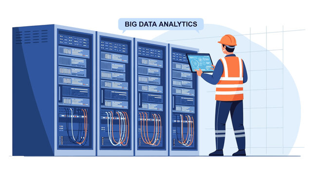 Big Data Analytics: IT Technician with Server Racks and Tablet