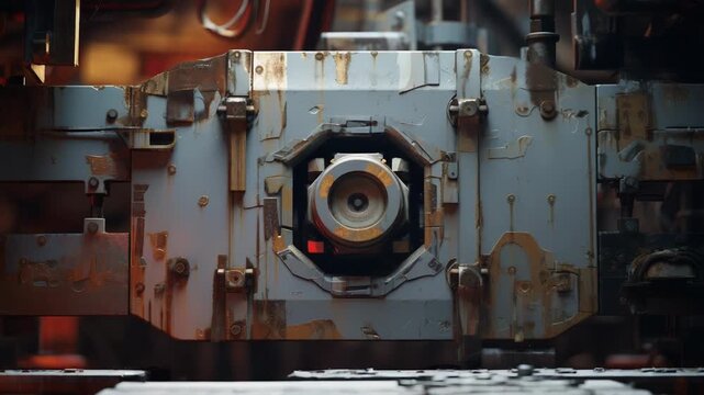 Industrial machinery featuring a central lens like component, showing intricate metallic textures and signs of rust, creating a worn yet functional appearance