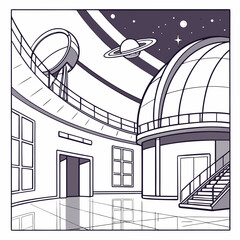 Observatory interior with telescope dome and saturn planet night sky line art © dada