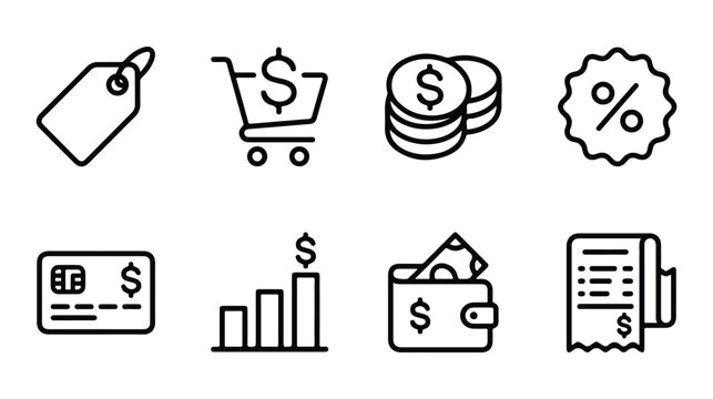 Financial icons set including shopping cart, coins, credit card, and wallet on white background