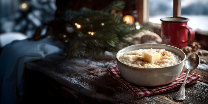 Creative food template. Steaming bowl of Norwegian rice porridge, with a small cube of butter and sprinkle of cinnamon and sugar, with winter window side, rustic wooden table. Copy text space