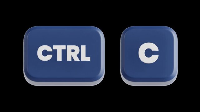 3D blue keyboard shortcut animation featuring the CTRL and C keys pressed to execute the Copy command. Perfect for tutorials, UI demonstrations, presentations. Transparent background animation.